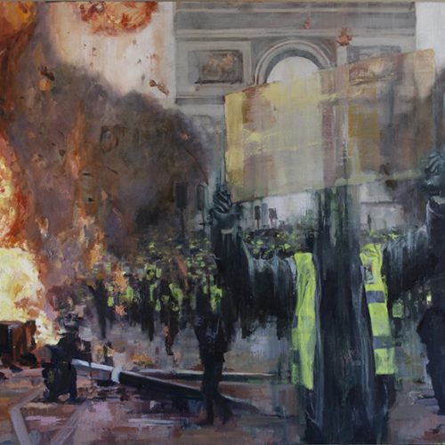 5eacdbafcd114683876f28f8_Mouvement des Gilets Jaunes (Honour All Dissidents), 53x30, oil on canvas, 2020 Resize (1)